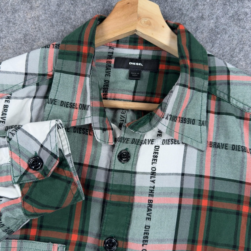 Diesel Shirt Mens Large Green Plaid 100% Cotton Long Sleeve Button Front Casual